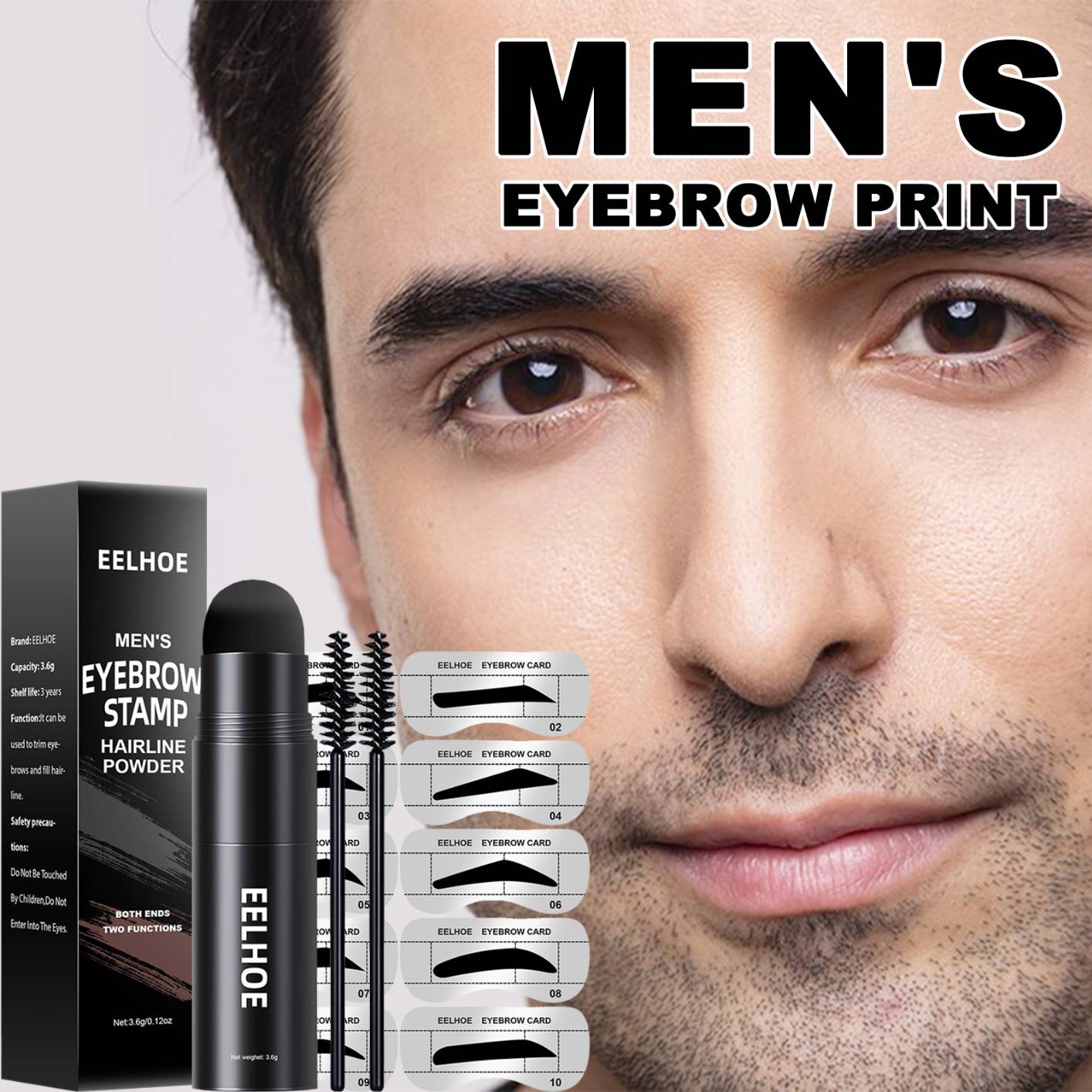 Double Colors Eyebrow Stamp Stencil Kit for Men, Professional Waterproof Long Lasting Buildable Eyebrow Powder Stamp Makeup Tools with 10 Styles Reusable Eyebrow Stencils, 2 Eyebrow Pen Brushes