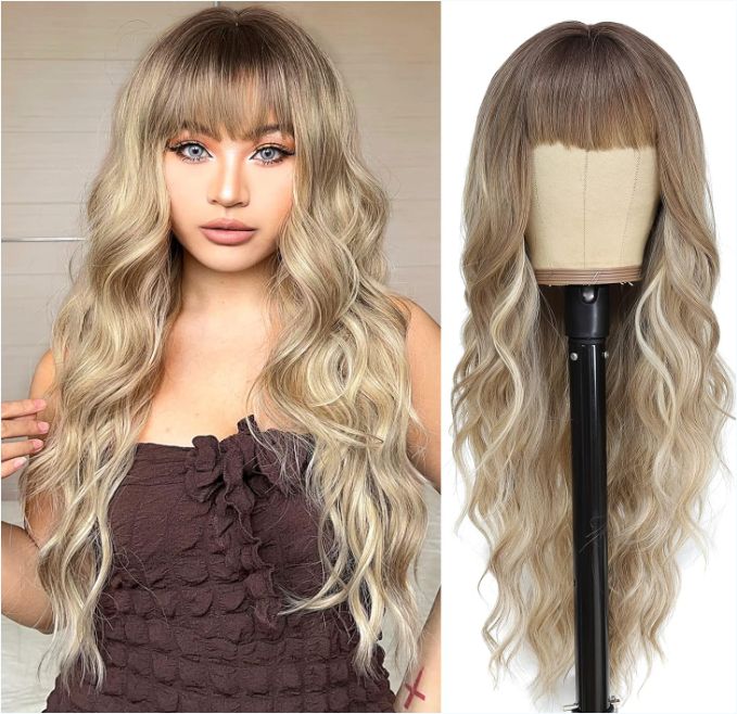  Long Dirty Blonde Wigs with Bangs for Women Curly Wavy Hair Wigs Heat Resistant Synthetic Fiber Wigs for Daily Party Use 26 Inches (Dirty Blonde)