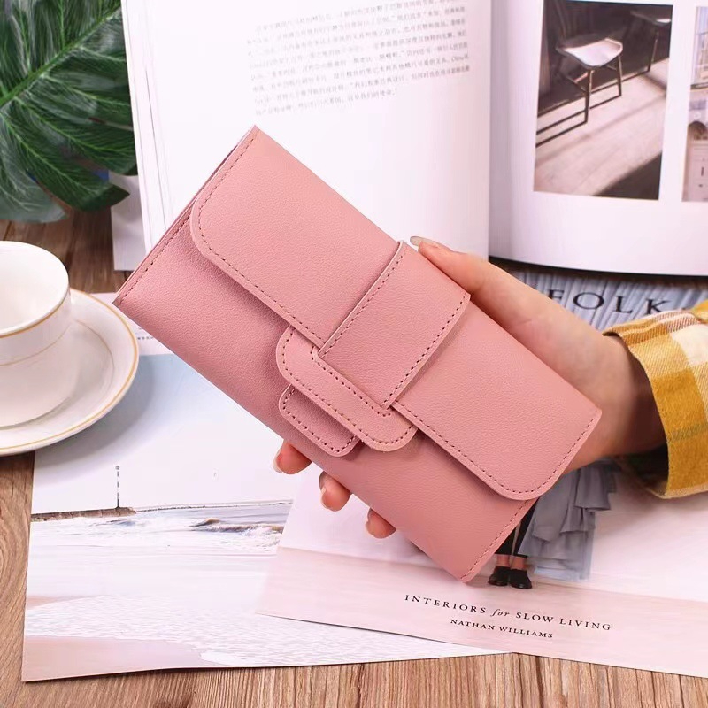 Women's Long Three Fold Flip Wallet, Small Fresh Multi-Functional Buckle Card Bag