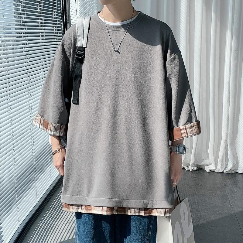 EH Men's New Plaid Patchwork Fake Two T-Shirt Half Sleeved Loose Top