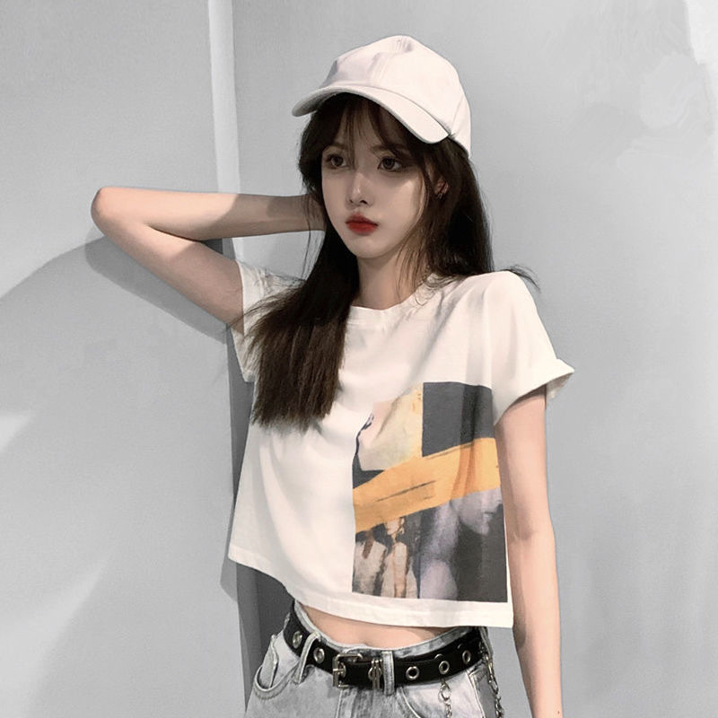 986 Women's Fashion Loose Casual Print Crop Top Short Sleeve T-shirt