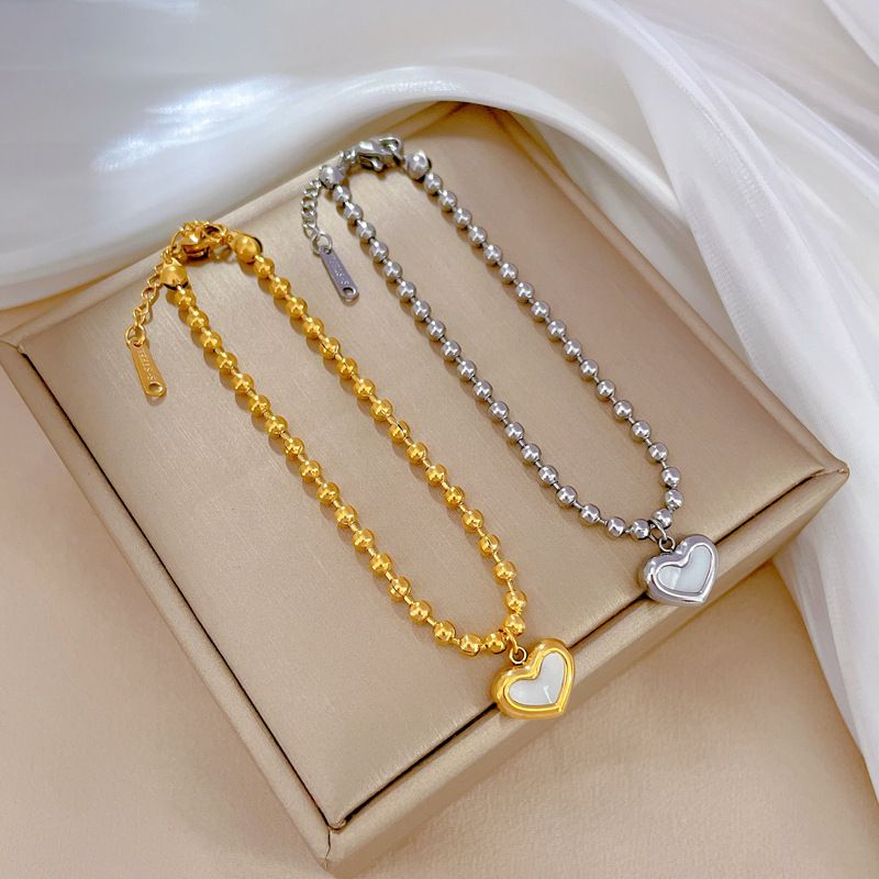 Gold & Silver Plated Titanium Steel Smooth Round Ball Chain White Mother Of Pearl Heart Pendant Bracelet For Women, Minimalist Forest Dainty Adjustable Extension Wrist Chain, Ins Viral Versatile Daily Dating Best Friend Fashion Hand Jewelry, Anti-Tarnish Waterproof Skin Friendly
