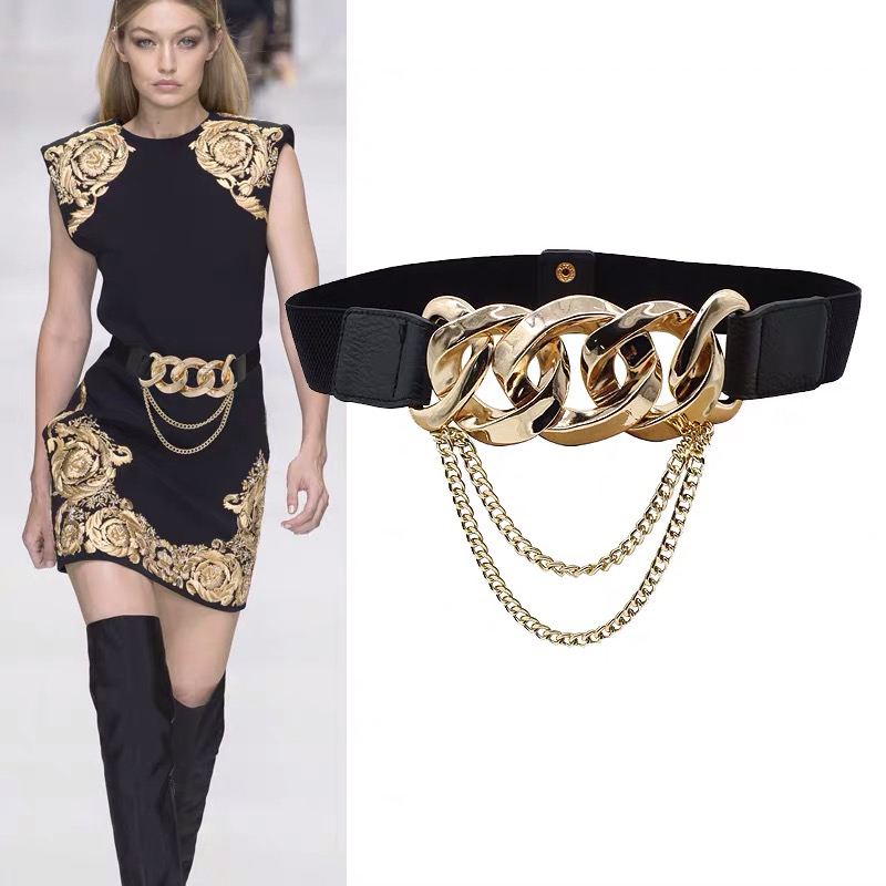 Fashion Tassel Gold Chain Belt Female Waist Stretch Cummerbunds Plus Size Elastic Corset Belts For Women Dress Waistband