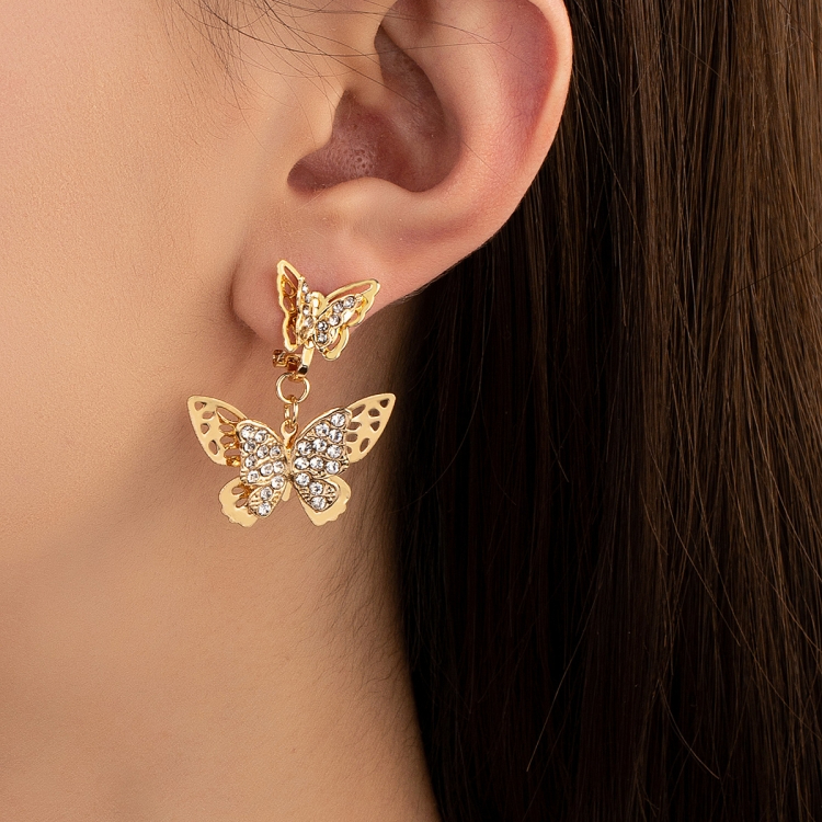 Double Butterfly Earrings gold jewelry earring Double layered butterfly personality Hollowed out Micro inlay zircon Design sense Earrings Ear clip No ear hole earring CRRSHOP women Water diamond gift 