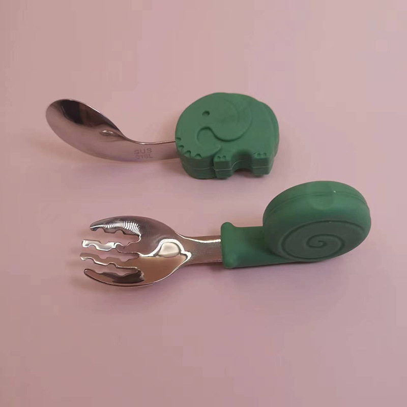 2Pcs/Set Cartoon Elephant Spoon Fork Set Non-slip Infant Feeding Children Tableware Kids Training Spoon Silicone/Stainless Steel(Snail Tooth Fork+ Elephant Curved Spoon)