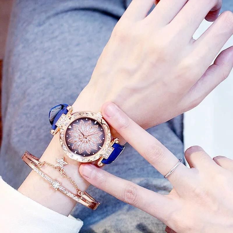 Luxury Diamond Women's Watch Crystal Watch Bracelet Set Women's Jewelry Casual Starry Sky Rose Gold Watch