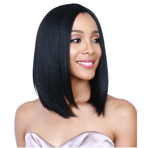 Short Bob Straight Synthetic Wigs Black Mid Part Wig Heat