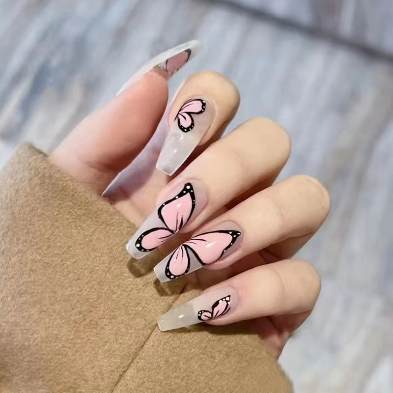 R632 24 Pcs Glossy Press on Nails, Super Long Coffin Butterflies Prints Sexy and Cute Style Fake Nails, Full Cover Artificial False Nails for Women and Girls
