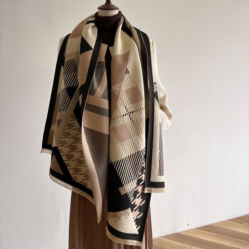 Women's Winter Geometric Double-Sided Scarf Thickened Warm Color-Blocked Scarf
