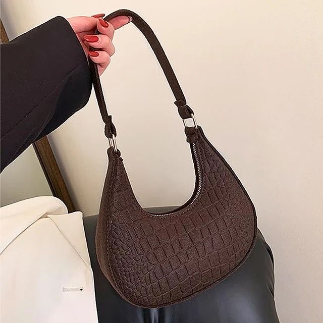 Candy Color Advanced Design Texture Armpit Handbags Felt Shoulder Bags For Women Women's Subaxillary Bag Purses Crescent BagCoffee