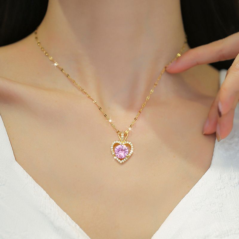 Women Titanium Steel Chain Copper Pendant Halo Micro Pave Zircon Heart Crystal Necklace Luxury Elegant INS Dainty Clavicle Chain Pink Blue Gemstone Pendant Waterproof Anti-Fade Fashion Jewelry Gift For Dating Wedding Party Ladies Accessories
