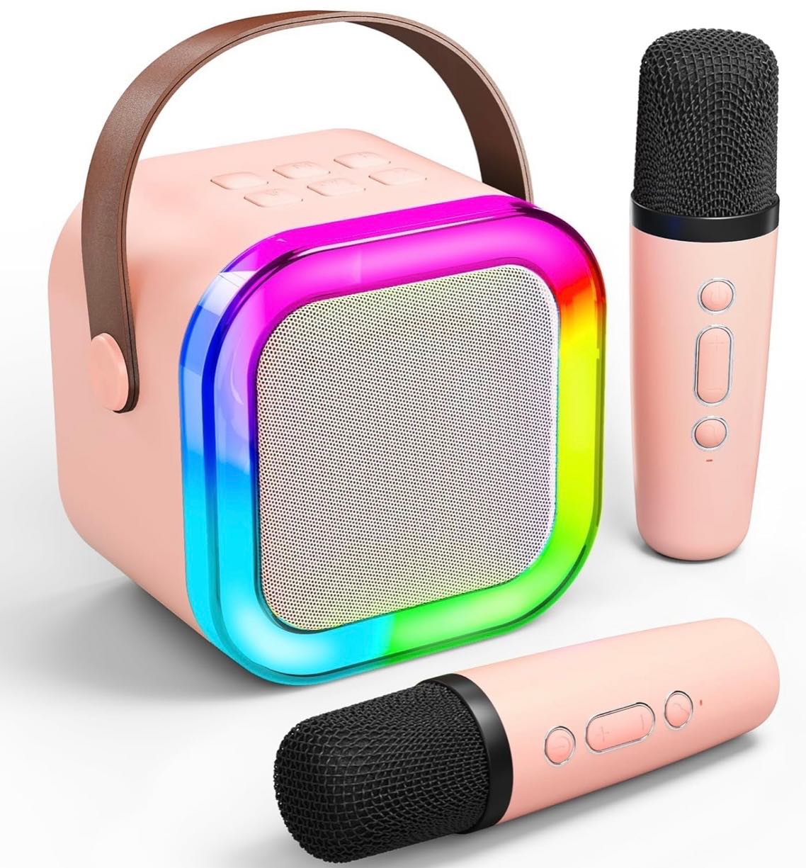 Mini Karaoke Machine, Portable Bluetooth Speaker with 2 Wireless Microphones, Outdoor Live Home K-song Bluetooth Audio with Microphone, Christmas and Birthday Gifts Suitable for Girls and boysPink