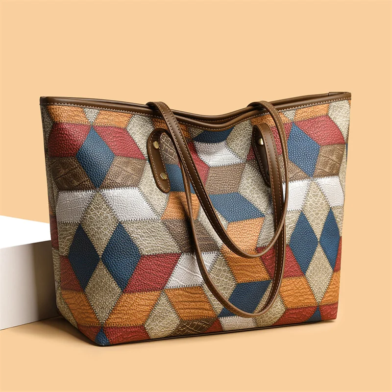 2024 New Women's Large Capacity Commuter Handbag Casual PU Leather Patchwork Tote Bag Fashionable Underarm Single Shoulder Bag