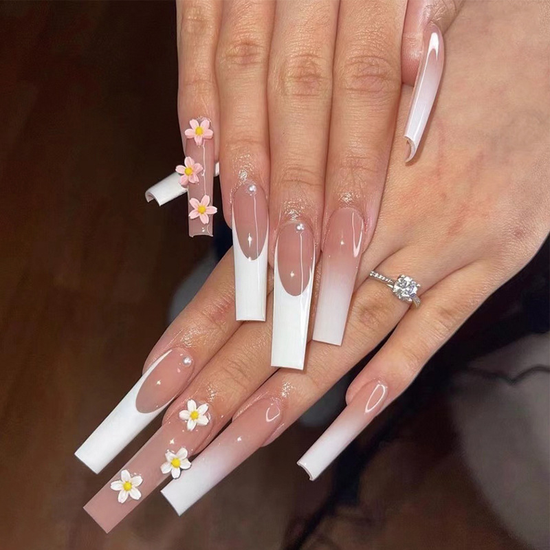 JP1720 24 Pcs Glossy Press on Nails, Super Long Coffin French White-Edged Smudge Floral Decoration Fake Nails, Full Cover Artificial False Nails for Women and Girls
