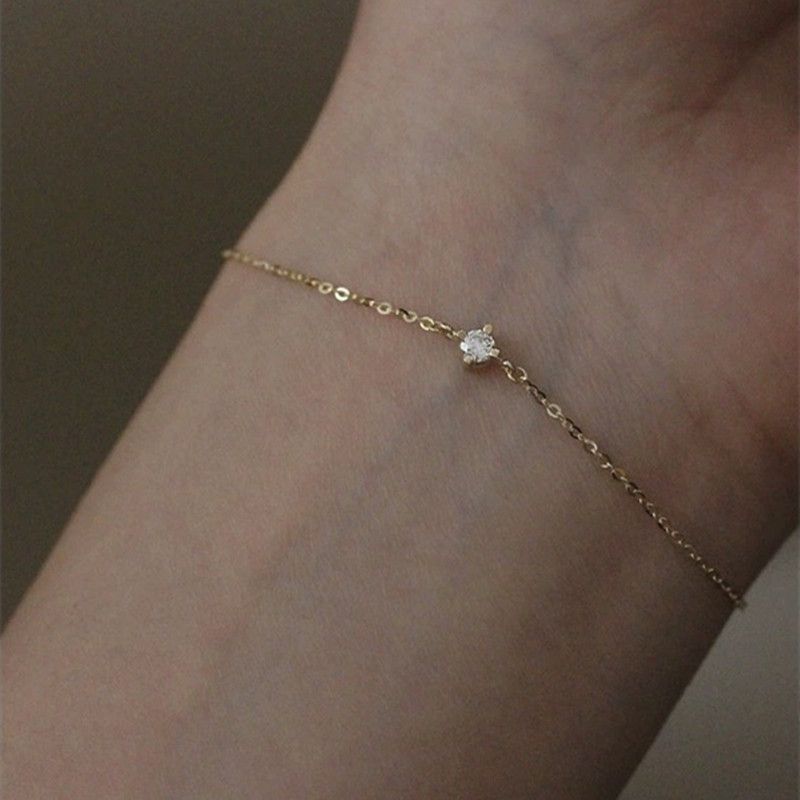 Women's Delicate Solitaire CZ Bracelet, 14K Gold Plated Dainty Chain Bracelet, Minimalist Everyday Wear Jewelry
