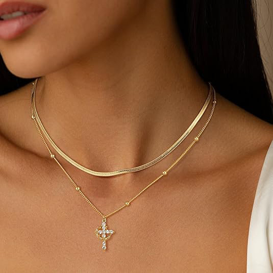 Crown Cross Necklace Women's 14K Gold Plated Stacked Necklace