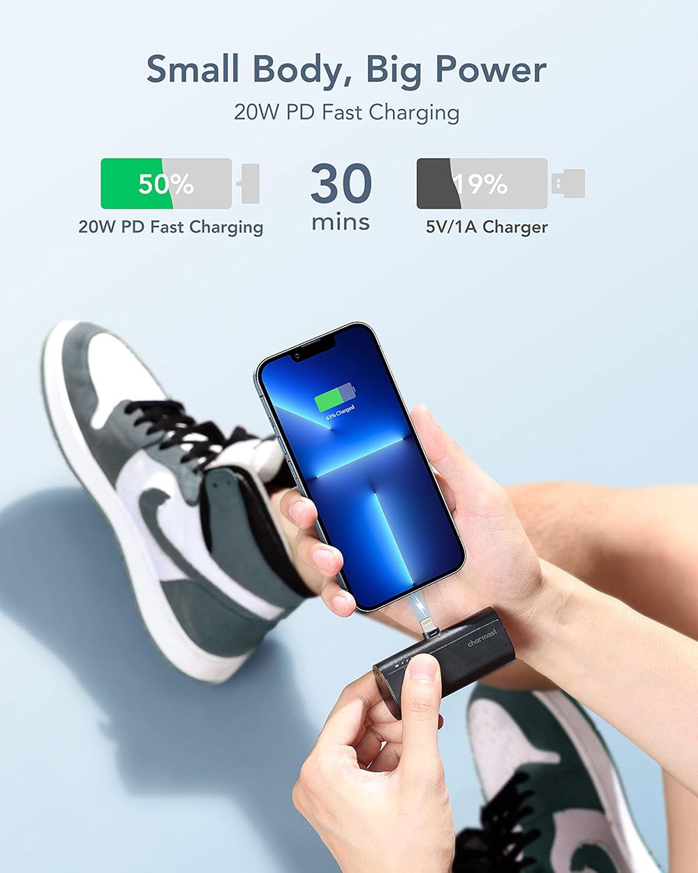 Portable Charger 5200 mAh for iphone Lightning Head, 65% Charged/30min 22.5W Fast Charging Mini Power Bank for iPhone 15 Pro Max/14/13/12/11
