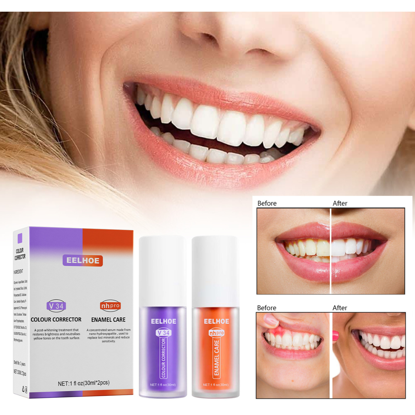 V34 Colour Corrector and Nhpro Enamel Care Toothpaste Kit, Purple Toothpaste for Teeth Whitening and Teeth Cleaning