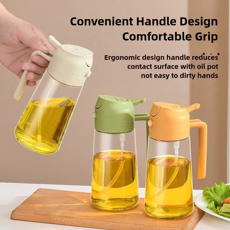 470ml Glass Oil Dispenser Bottle - Dual-Function Spray & Pour, Wide Mouth, Leak-Proof Design, Ergonomic One-Handed Use, Easy to Clean, Drip-Free Kitchen Oil Container  