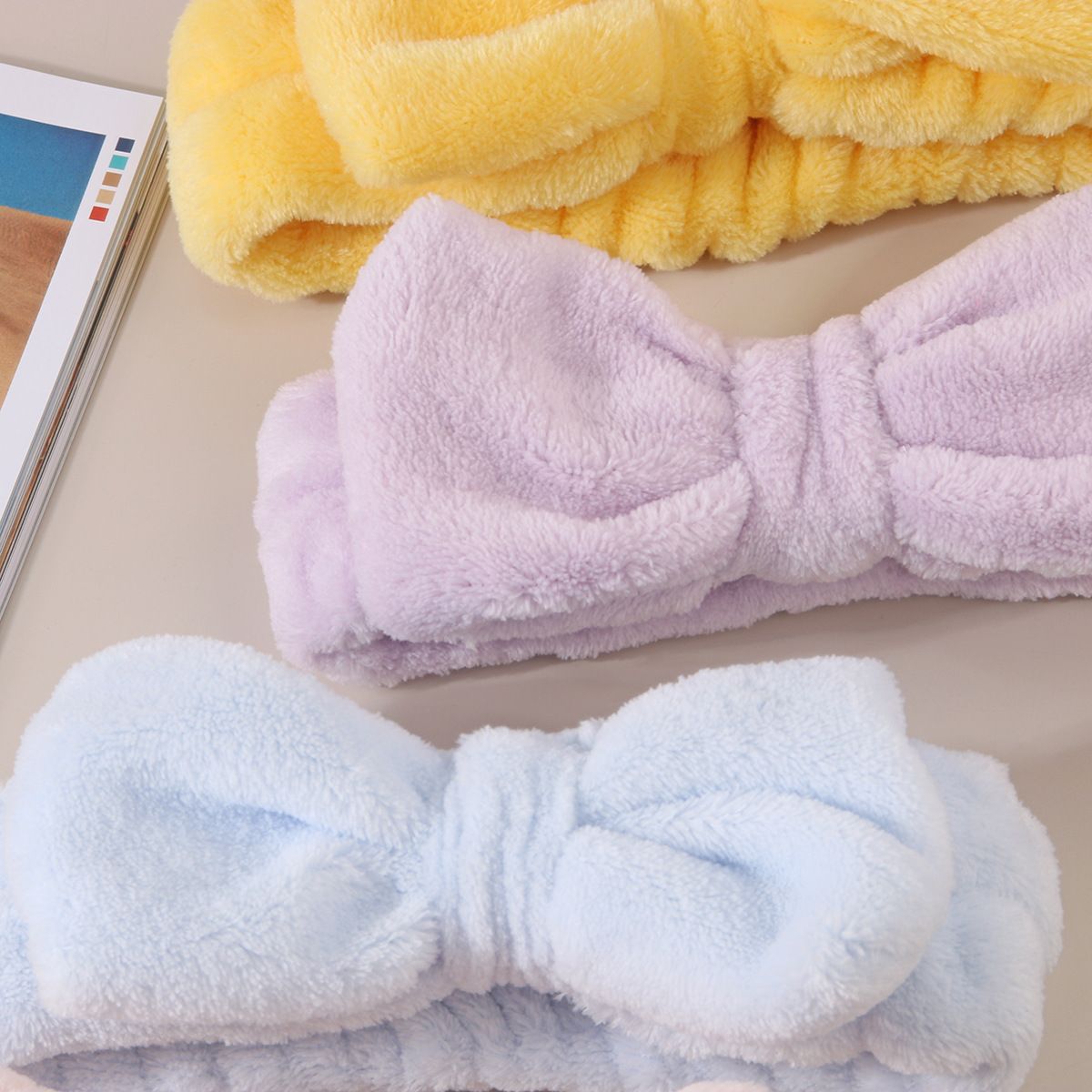 3Pcs Spa Headband & Wristband Set, Thickened Plush Bow Headband + Water Absorbent Wrist Bands, Facial Washing & Makeup Hair Accessories, Elastic Hair Holder for Women, Multi-Color Options
