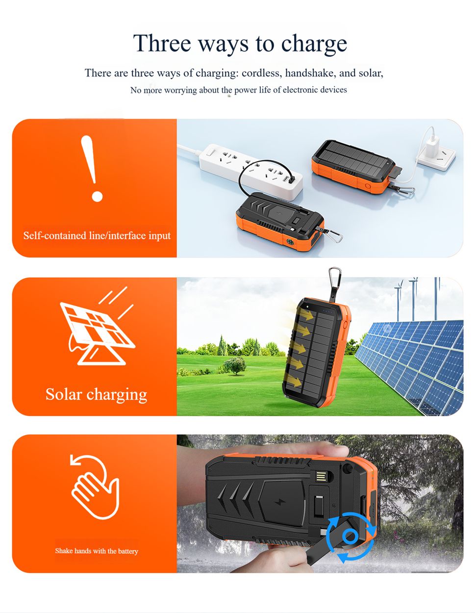 40000 mAh solar powered hand crank charger with built-in cable wireless charging PD 22.5W fast charging mobile power bank
