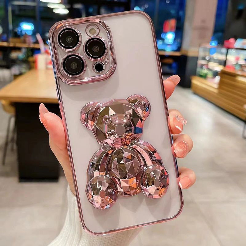 Self-adhesive lens film stereo bear plating case for iphone 14 pro max transparent phone case for iphone 13 12