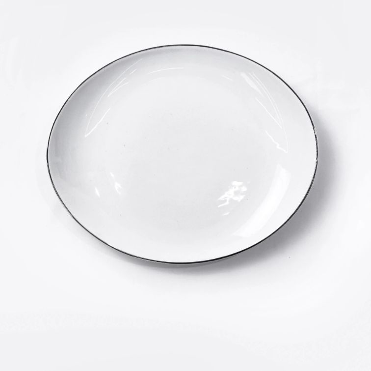 Round Japanese Simple White Design Ceramic Dinner Plate White Ink Dot Porcelain Dessert Cake Plate With Black Rim - T-11