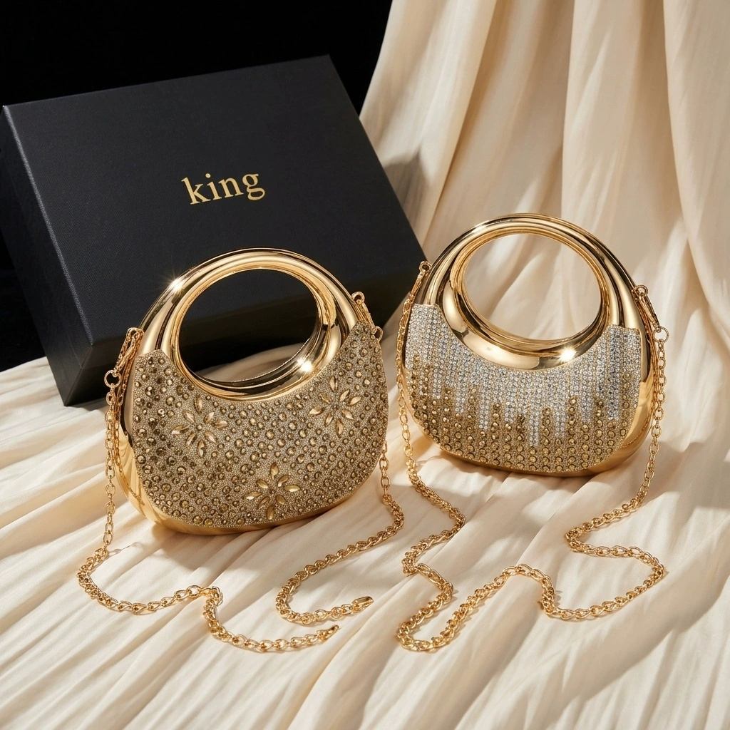 Sparkling Rhinestone Moon-Shaped Evening Bag,  Metal Texture Party Banquet Bag, Crystal-Encrusted Mini Chain Bag for Women
