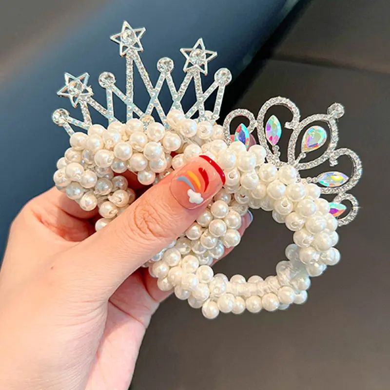 2pcs Fashion Pearl Crown Princess Hair Bands Elastic Rubber Bands Children Ball Hair Bun Ties Hair Styling Accessories
