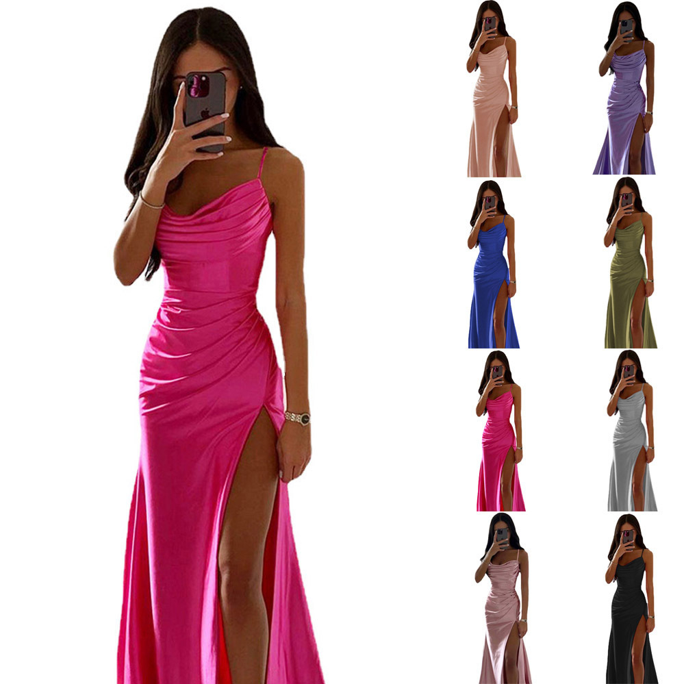AL88123 Summer Dress Women's New Bra Pleated Split Satin Dress Sexy Slim Wrap Hip Party Dress Bodycon Dress Maxi Dress