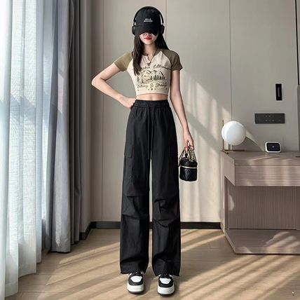 Retro Drawstring String Loose Cargo Pants Large Pocket Personality Straight-leg Casual Women's Pants