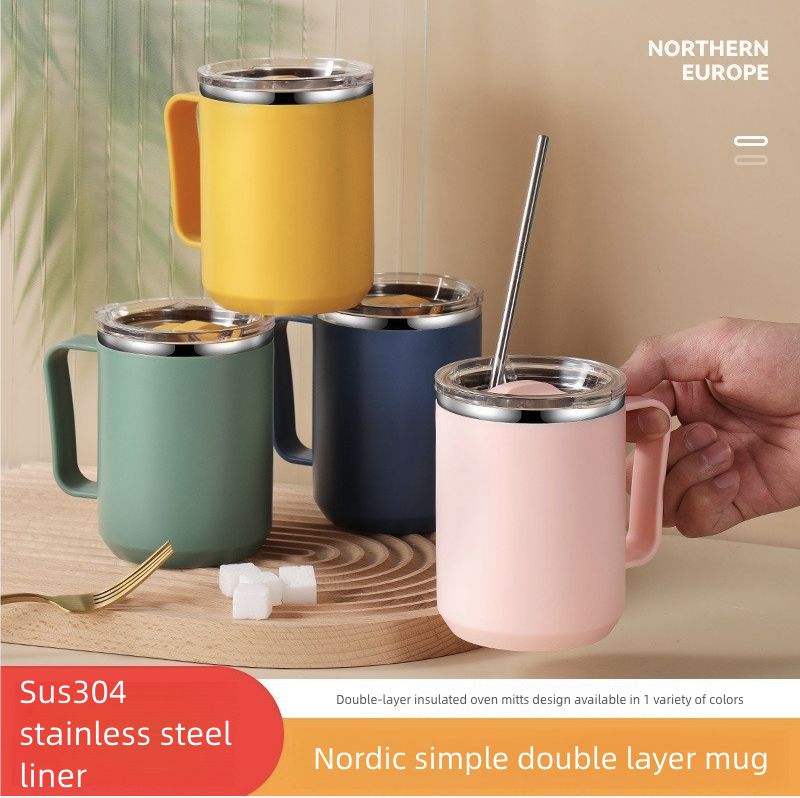 Stainless Steel Coffee Cup with Lid Household Drinking Cup Office Insulated Cup Large Capacity Kitchen Dining Dinnerware Coffee Cups Mugs