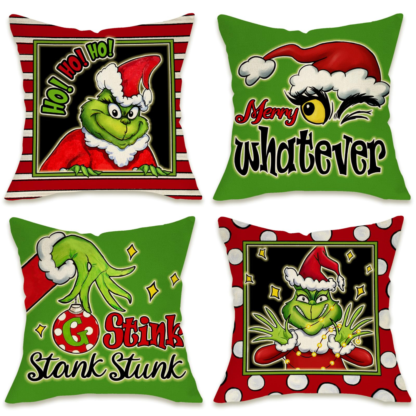 LKJHE-09 Merry Christmas Whatever Stripe Decorative Throw Pillow Cover 45 x 45 cm, Xmas Hat Hohoho Winter Holiday Porch Patio Pillowcase, Stink Stank Stunk Polka Dot Cushion Case Home Decor