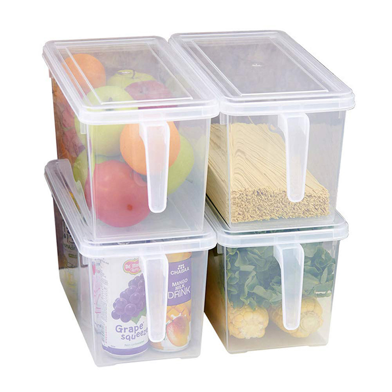 Plastic Storage Containers Square Food Storage Organizer Stackable Refrigerator Organizer Handle Kitchen Containers with Lids for Fruits Vegetables Meat Egg (Set of 4)