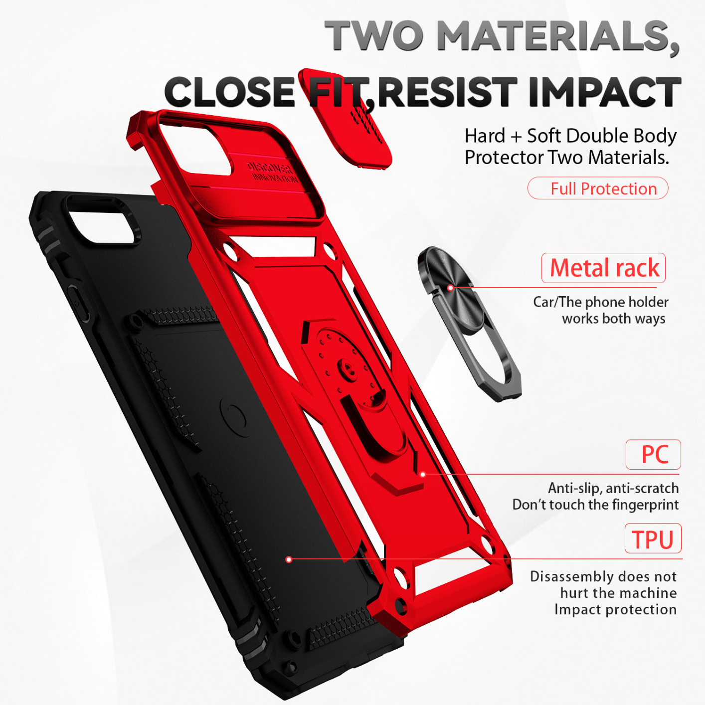 Sliding Camera Protection Shockproof Phone Case For iPhone 6 6s 7 8 4.7 inch iPhone 6 Plus 6s Plus 7 Plus 8 Plus 5.5 inch TPU+PC Double Layer Phone Cover Shell with Rotate Ring Kickstand Metal Plate for Magnetic Car Mount