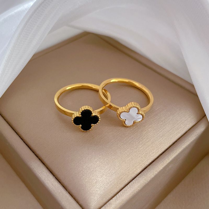 Minimalist Four Leaf Clover Titanium Steel Finger Ring Gold Plated Unisex Stackable Index Band Ins Cool Trendy Lucky Clover Enamel Ring Simple Personality Daily Party Club Decorative Jewelry Gift For Men Women
