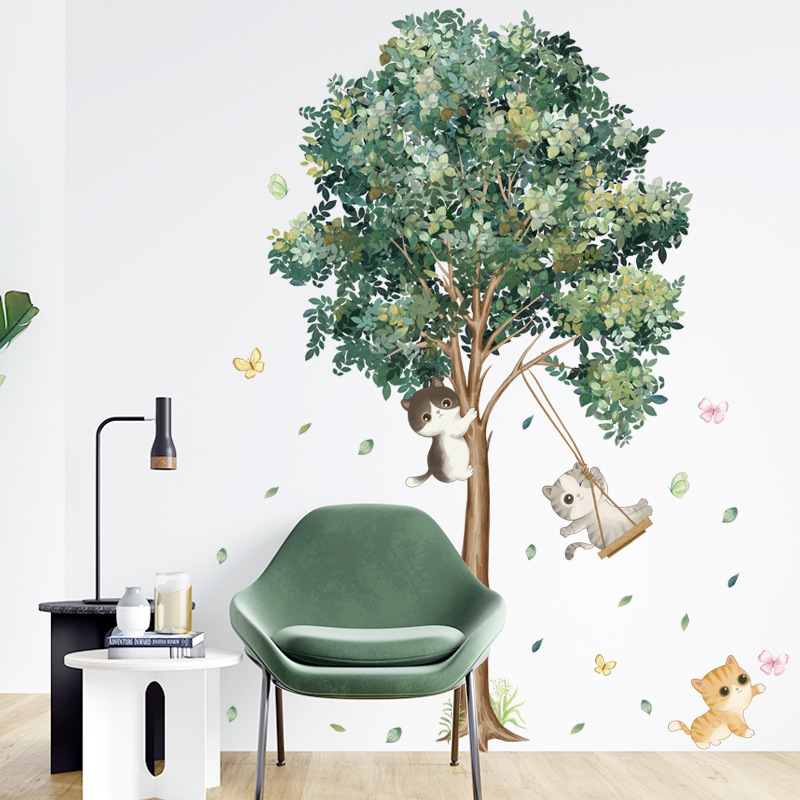 Cute Cat Plant Tree Wall Decals Wall Stickers Baby Nursery Kids Bedroom Wall Decor