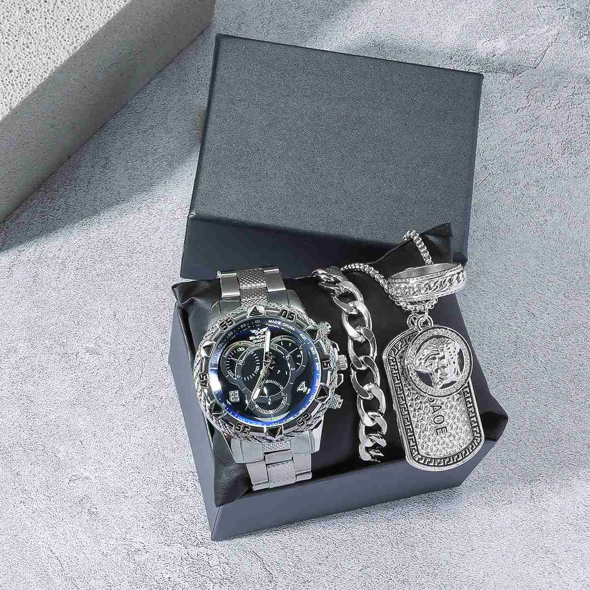 4 Pieces Men Business Accessory Set Large Dial Three Eyes Chronograph Stainless Steel Band Wrist Watch Matching Chain Necklace Bracelet Ring Luxury All-Match Jewelry Kit for Daily Wedding Business Gift