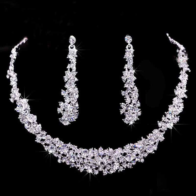 Necklace earring 2 pieces set CRRshop female free shipping hot sale bridal alloy necklace earrings two-piece wedding dress jewelry set women new fashion popular present