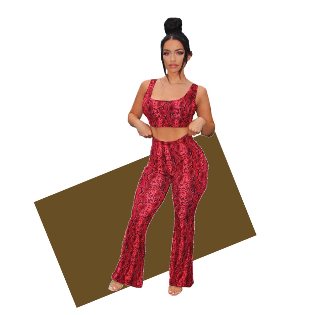 Ladies snake pattern two-piece open-bellied vest bell bottoms suit sports yoga seaside walk shopping party lady ladies woman women set suit vest trousers pants yoga sport 2-pieces two-pieces