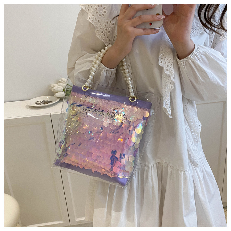 2024 New Transparent Laser Jelly Bag Shoulder PVC Pearl Tote Bag Fashion Shopping Bag