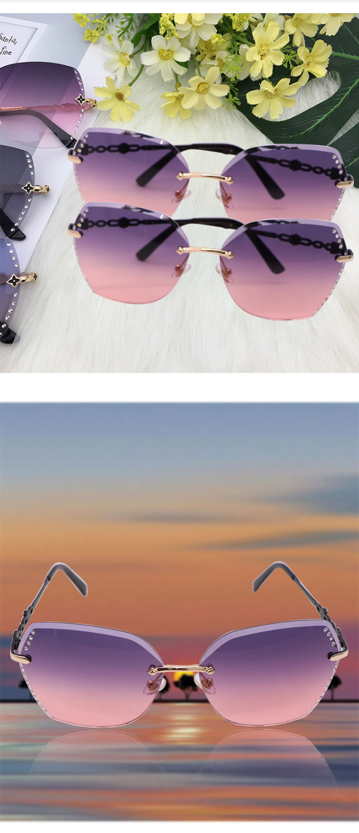 956 Fashion Lady Sun Glasses Rimless Rhinestone Decor Women Sunglasses Vintage Alloy Frame Butterfly Classic Brand Designer Shades