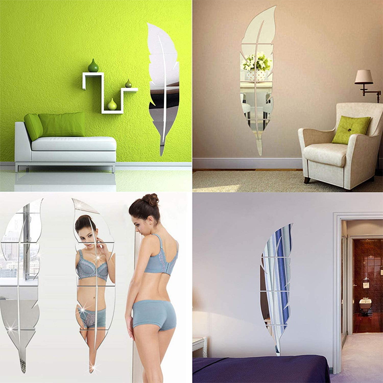 3D Mirror Room Decor Stickers, 18 x 73 cm Feather Shaped DIY Self-Adhesive Acrylic Wall Art Decals, Family Home Decoration for Living Room Bedroom Decor
