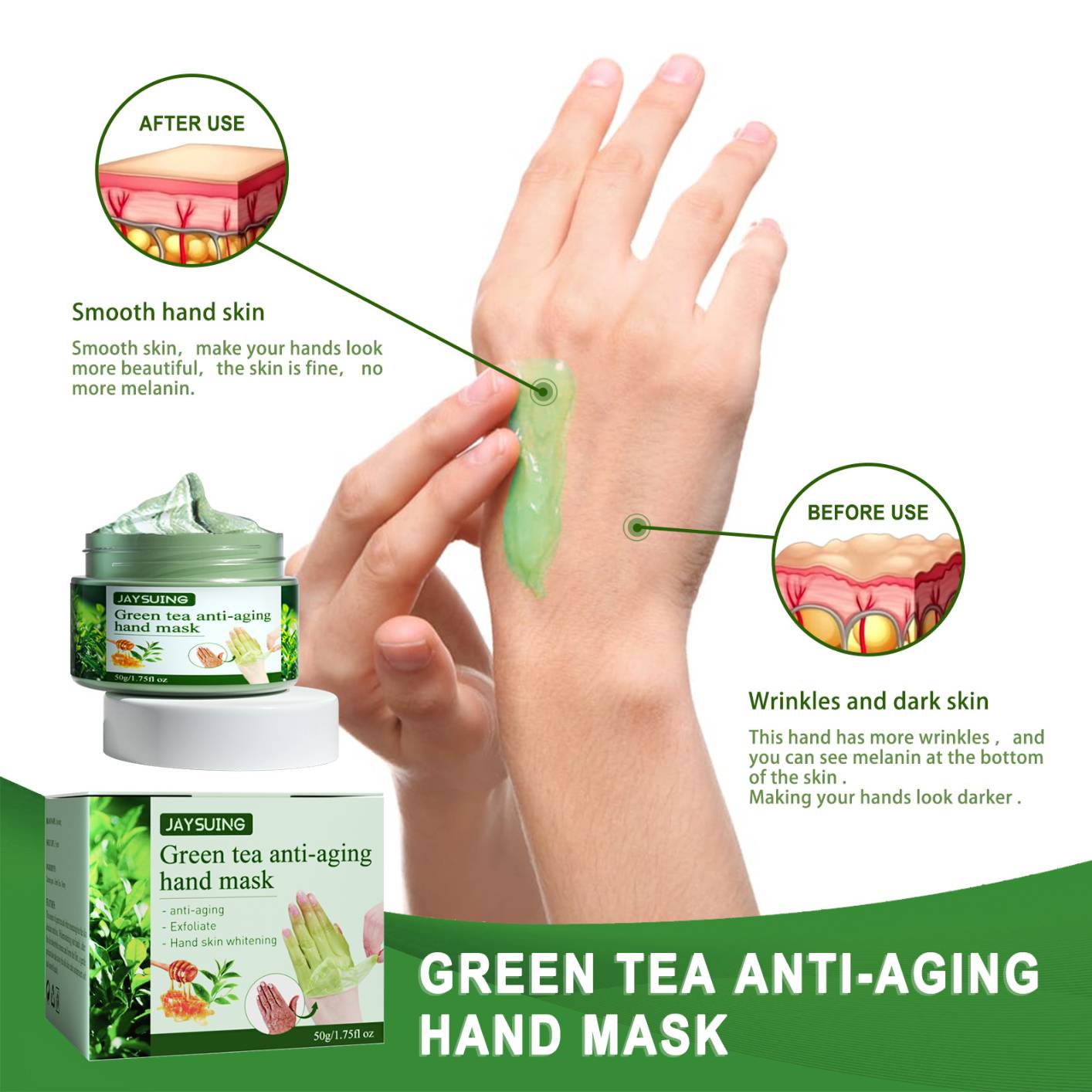 Jaysuing Green Tea Hand Mask Moisture Exfoliating Wrinkle Removal Smooth Firming Moist Repair Calluses Skin Care Anti-Aging
