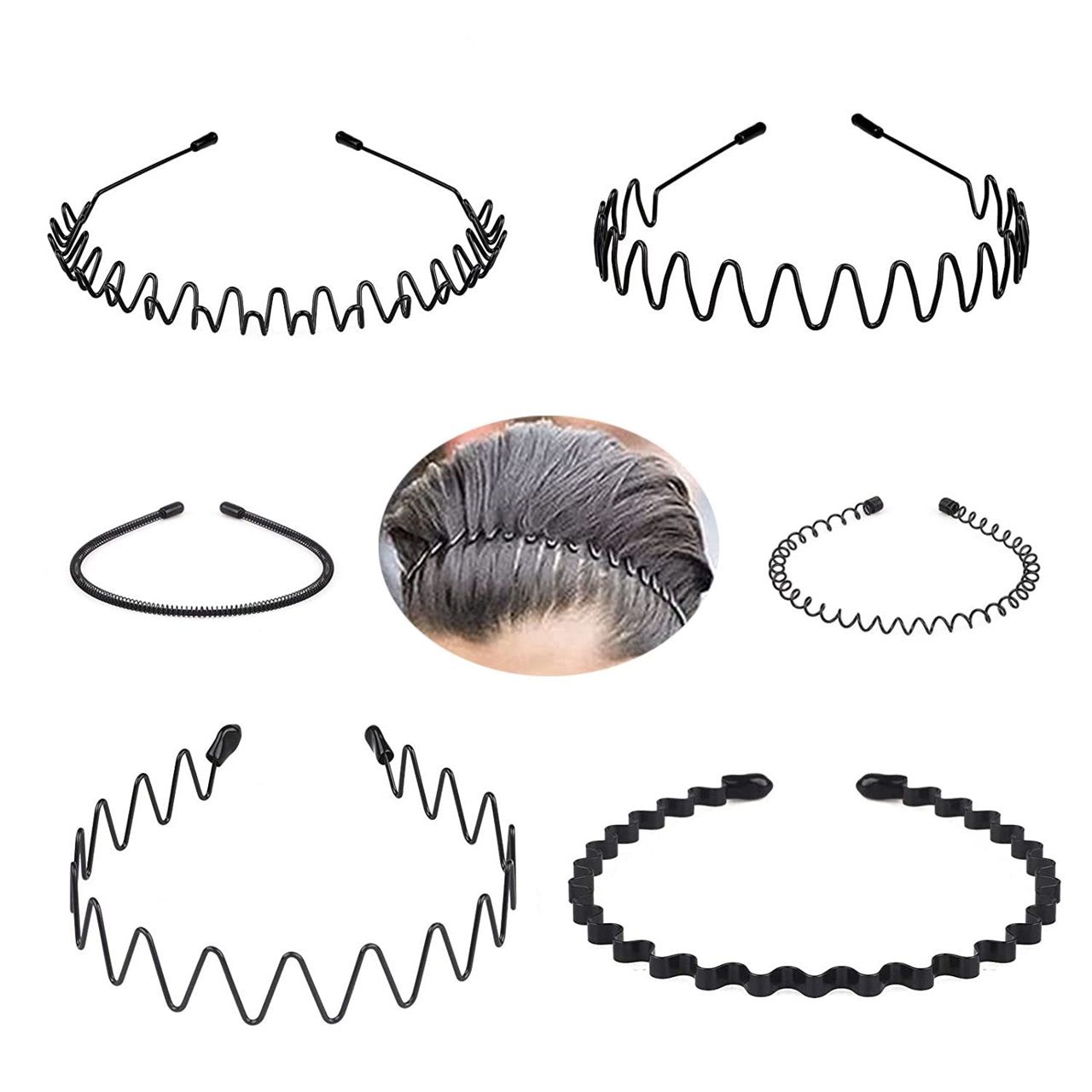 6PCS Metal Hair Bands, Spring Wavy Hoop Unisex Black Headband Slicked Back Non Slip Sports Hairband