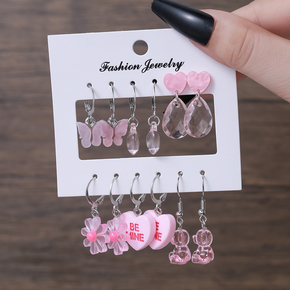 E1707-1 Women's Cute Transparent Bear Earrings Pink Butterfly Pendant Earring Set