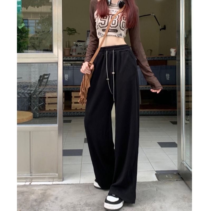 906#QD Women's New Loose High-Waisted Straight-Leg Pants Solid Color Casual Wide-Leg Pants