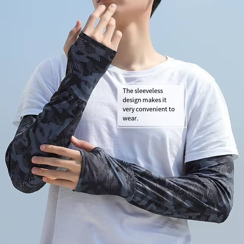 Plus Size Camo Ice Silk UV Protection Arm Sleeves, Breathable Quick Dry Cooling Sun Sleeves for 120-220lbs, Loose Fit Outdoor Sunblock Covers with Thumb Hole for Cycling Fishing Hiking
