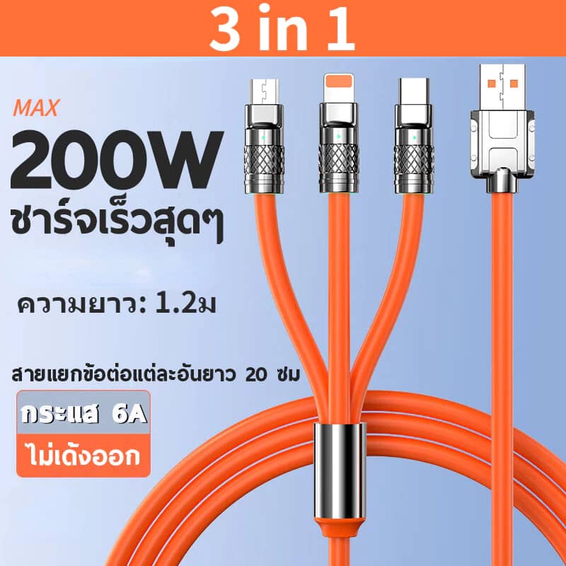 200W Original Unbreakable 1.2 Mtr 3 in 1 Charging Cable Long Life Multi Charger Cable Fast Charging for Type C and Micro USB Ports, Fast Charging Cable for Smartphones & Tablets