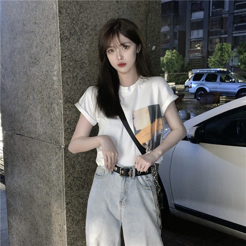 986 Women's Fashion Loose Casual Print Crop Top Short Sleeve T-shirt